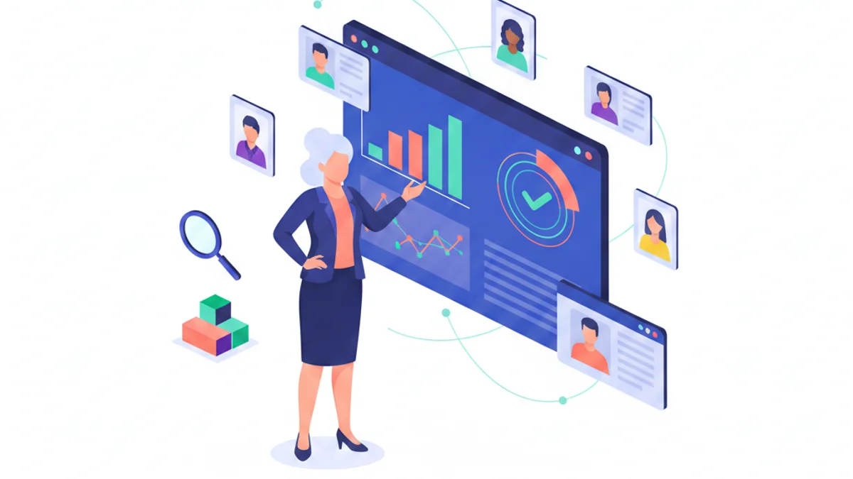 A senior HR executive (CHRO) standing confidently in front of a large data dashboard displaying pipeline metrics, talent community growth charts, and quality-of-hire scores. Diverse candidate profile cards orbit the screen like active pipeline nodes. Flat illustration style, authoritative and strategic mood, against a deep navy gradient background matching the hero colour #003B5C.