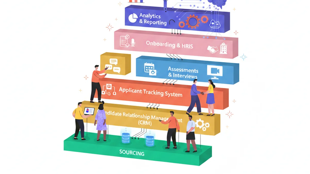 Illustrate a talent acquisition tech stack diagram showing six recruitment technology layers from sourcing to analytics. The main photo should have a layout that is using more the full horizontal length and it is aligned middle vertically, leaving a blank space on top and on bottom of the photo.