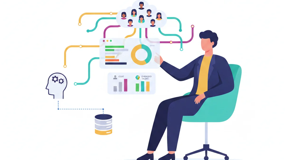 A CHRO or senior HR leader reviewing a digital dashboard showing talent community engagement metrics and cost-per-hire comparisons, with abstract pipeline and community icons flowing around them. Against a deep navy blue background matching the hero. Clean, confident flat illustration style with data visualisation elements and a warm, authoritative mood.