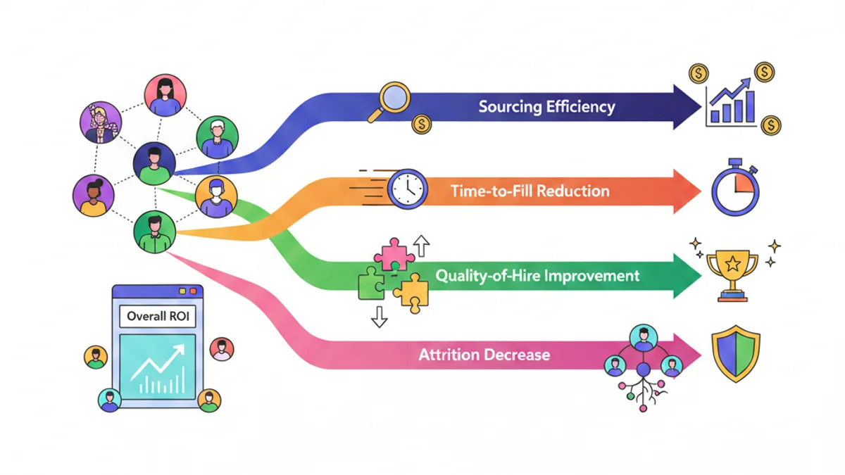 CFO-ready talent community ROI model showing four cost lines: sourcing, time-to-fill, quality-of-hire, and attrition. The main photo should have a layout that is using more the full horizontal length and it is aligned middle vertically, leaving a blank space on top and on bottom of the photo.