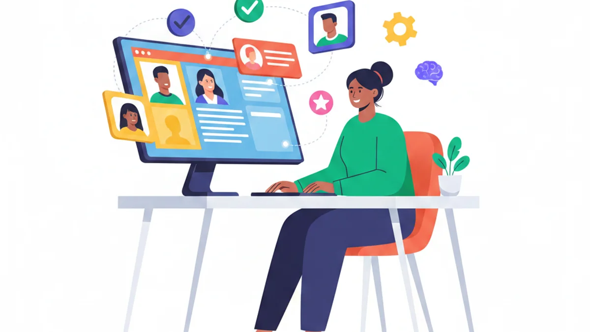 A talent acquisition professional at a clean desk reviewing a branded digital talent community hub on a large monitor, with floating candidate profile cards and skill badge icons around the screen. Flat illustration style, confident and modern mood, against a deep navy (#003B5C) gradient background matching the hero.
