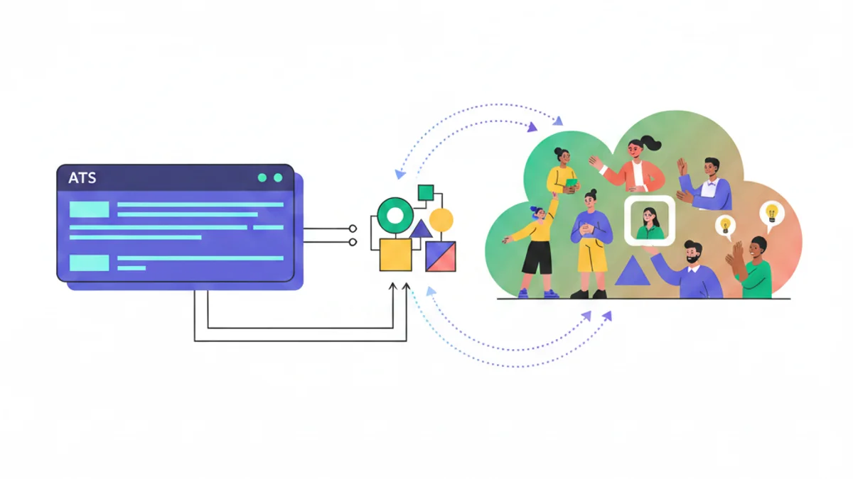 ATS as a system of record with a talent community as a system of engagement, both connected via integration arrows. The main photo should have a layout that is using the full horizontal length and it is aligned middle vertically, leaving a blank space on the top and on the bottom of the photo.