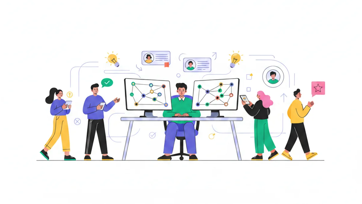 A professional HR leader sitting at a desk with multiple computer screens displaying interconnected nodes and contact cards, representing an active talent community. Around the desk, illustrated figures of candidates in different poses—some reviewing opportunities, others engaging in conversations—suggest an ongoing relationship-building ecosystem. The scene conveys movement and connection rather than static database management.