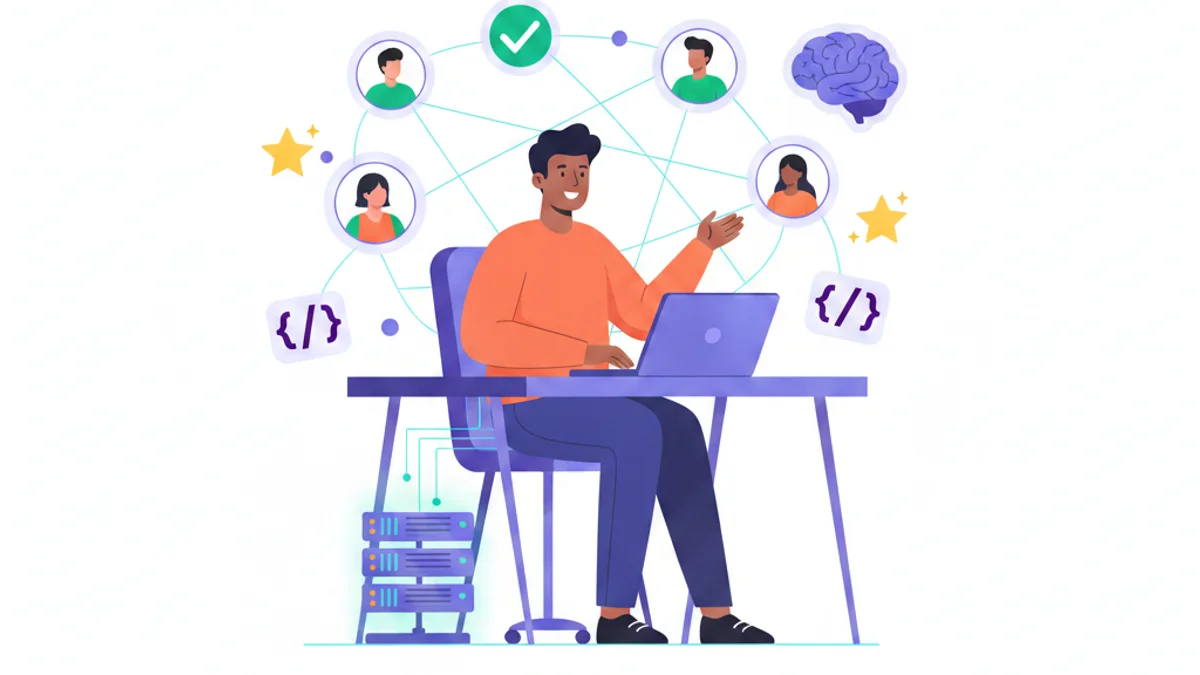 A single recruiter at the centre connected to a network of developer profiles and floating skill badges (code brackets, stars, checkmarks), representing a warm tech talent community rather than a cold CV list. Modern flat illustration, confident and energetic, against a deep violet gradient background matching the hero.