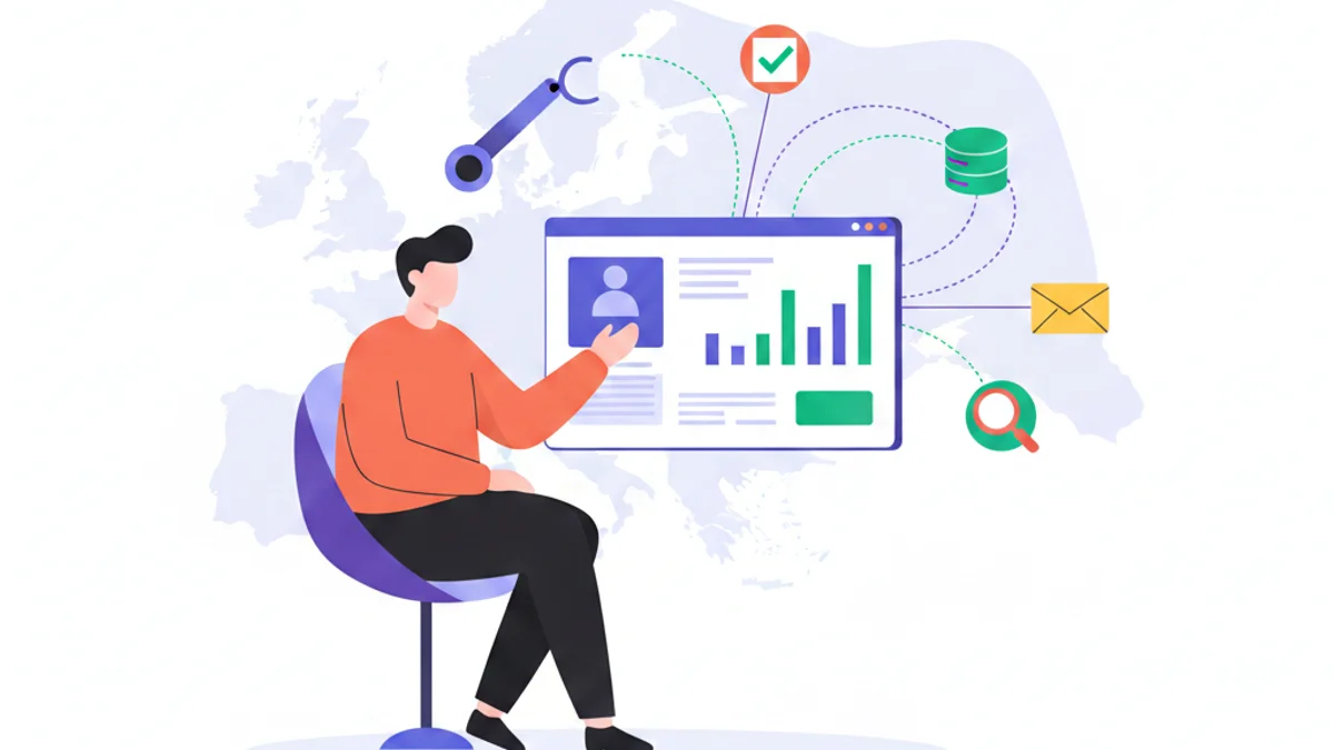 A Chief People Officer at a single clean dashboard while a tangle of scattered recruiting-tool icons (ATS, assessment, sourcing, email) merge into one unified platform, with a European map subtly behind. Modern flat illustration against a deep violet gradient matching the hero. Confident, orderly, strategic mood.
