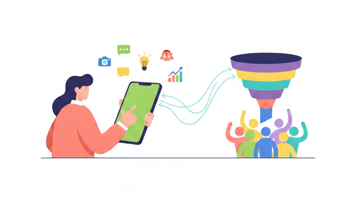 A recruiter at a phone composing a Threads post, with seven small content-category icons (camera, speech bubble, lightbulb, people, chart) floating around the screen and flowing into a single funnel that becomes a group of candidates. Modern flat illustration, energetic and friendly mood, against a sky-blue gradient background matching the hero.