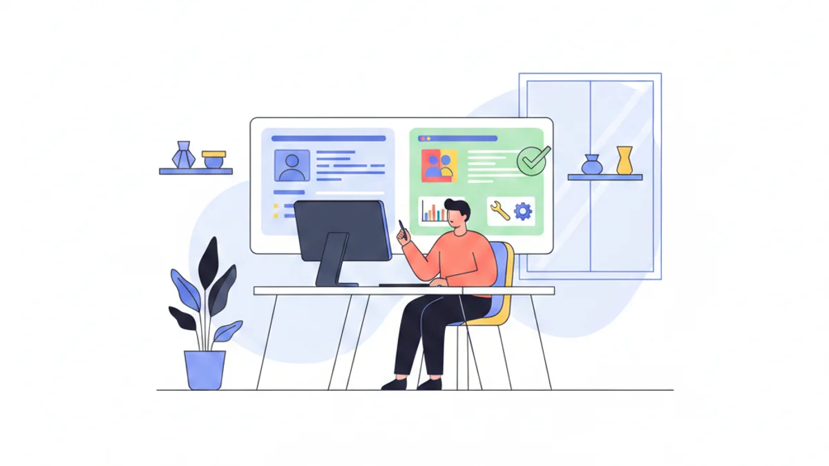 A hiring manager sitting at a desk reviewing two candidate profiles side-by-side on a screen: one shows a polished, AI-generated resume with perfect formatting and generic buzzwords, while the other displays tangible proof-of-skill elements like portfolio samples, project screenshots, and assessment results. A checkmark appears over the skills-based profile. The scene conveys clarity and confidence in decision-making, with a modern office environment in the background.