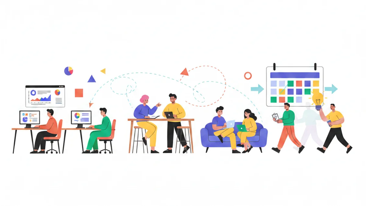 A modern office scene showing a diverse team of professionals moving fluidly between fixed desks and flexible workspaces. Some are seated at traditional desks with monitors, others stand at collaborative tables or work from comfortable lounge areas. Visual elements include movement lines suggesting dynamism, a calendar or timeline in the background representing structure, and overlapping layers of people in different work modes. The composition conveys simultaneous motion and stability—organized chaos that feels purposeful and balanced.