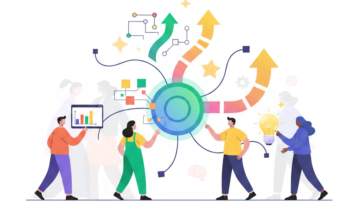 A professional workspace scene showing a diverse team collaborating around a central hub, with upward-trending arrows and interconnected nodes symbolizing skill development and talent flow. In the foreground, workers engage with digital interfaces or training modules, while in the background, a network of people represents a growing talent community. The composition conveys movement, growth, and strategic connection.